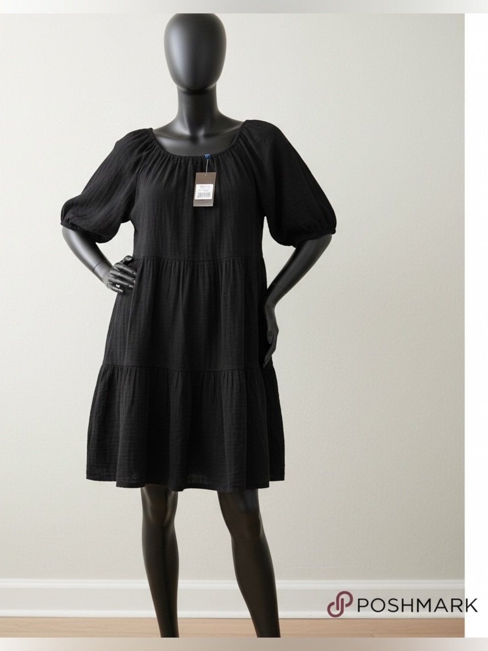 Old Navy Black Puff Sleeve Tiered Mini Dress Women’s Medium
